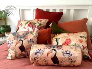 Silk Satin and Velvet Silk Cushion 'Balmy' large square cushion with design tropical print