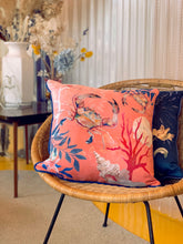 Load image into Gallery viewer, Coral watercolour art Cushion &#39;Pure shores&#39; double sided design with starfish illustration, made from Vegan friendly Suede