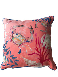 Coral watercolour art Cushion 'Pure shores' double sided design with starfish illustration, made from Vegan friendly Suede