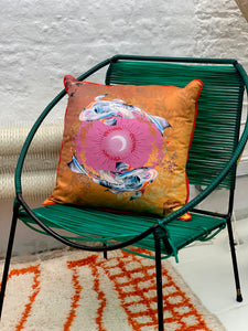 Koi watercolour art Cushion 'Golden pool' double sided design with fish illustration, made from Vegan friendly Suede