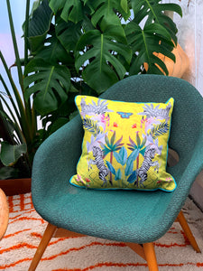 Vibrant citrus yellow watercolour art Cushion 'Stallion' double sided Zebra design, made from Vegan friendly Suede