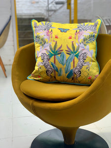 Vibrant citrus yellow watercolour art Cushion 'Stallion' double sided Zebra design, made from Vegan friendly Suede