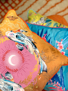 Koi watercolour art Cushion 'Golden pool' double sided design with fish illustration, made from Vegan friendly Suede