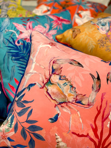 Coral watercolour art Cushion 'Pure shores' double sided design with starfish illustration, made from Vegan friendly Suede