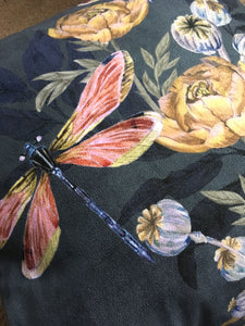 Indigo blue 'Dragonfly' Cushion with poppy seed heads, made from Vegan Suede