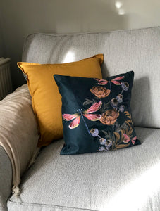 Indigo blue 'Dragonfly' Cushion with poppy seed heads, made from Vegan Suede