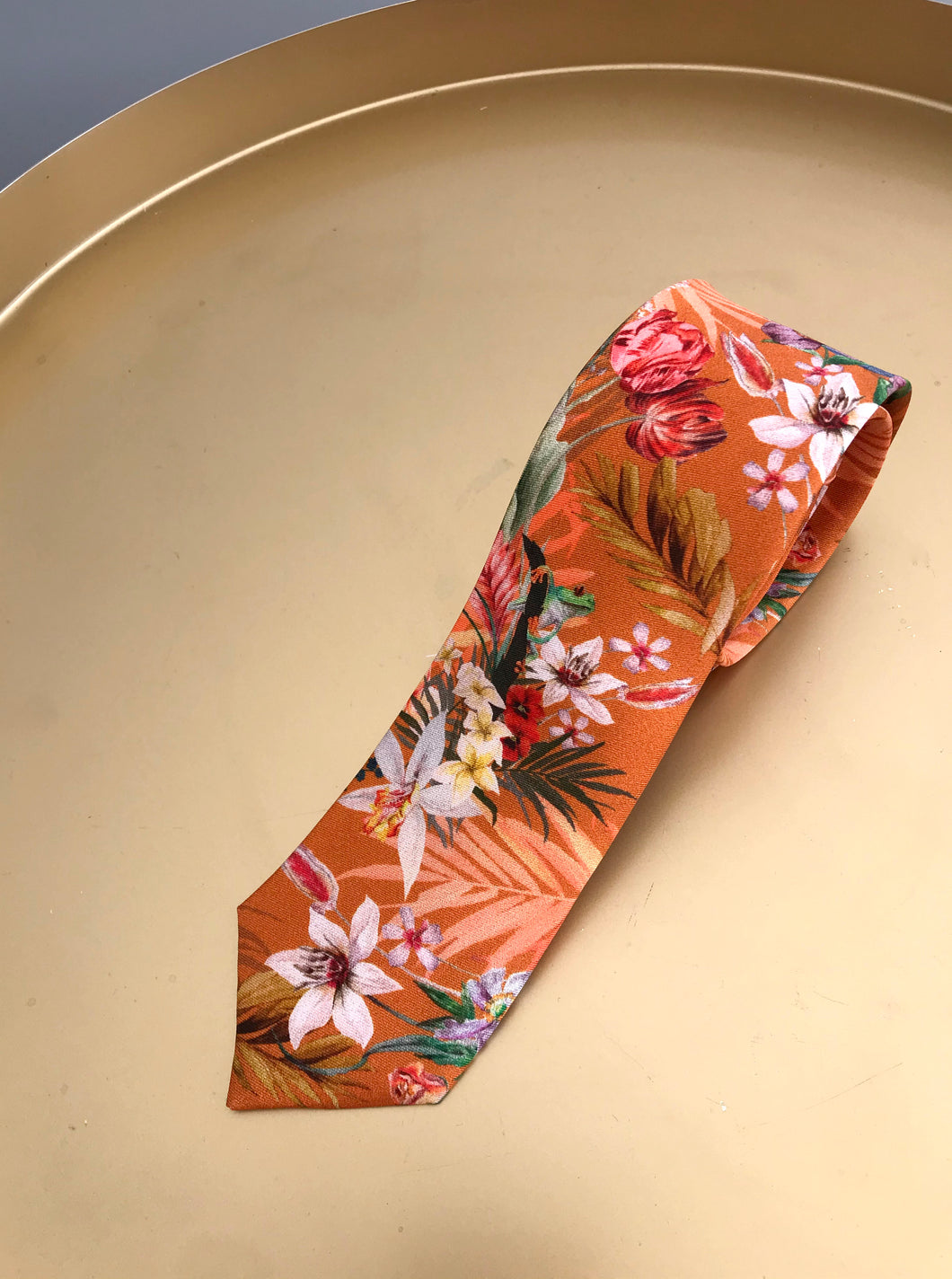 Rust coloured Silk Tie, 'Eden' tropical meadow print