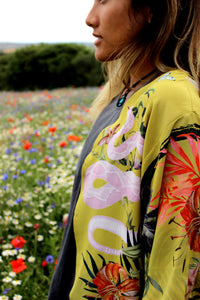 Luxury Lounge Silk Kimono Jacket in size S/M, handmade with unique botanical illustrations 'Enticement' print