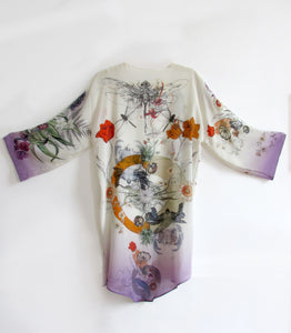 Cream 'Evolution' Silk Kimono Jacket size S/M with unique botanical illustrations- luxury lounging or evening wear