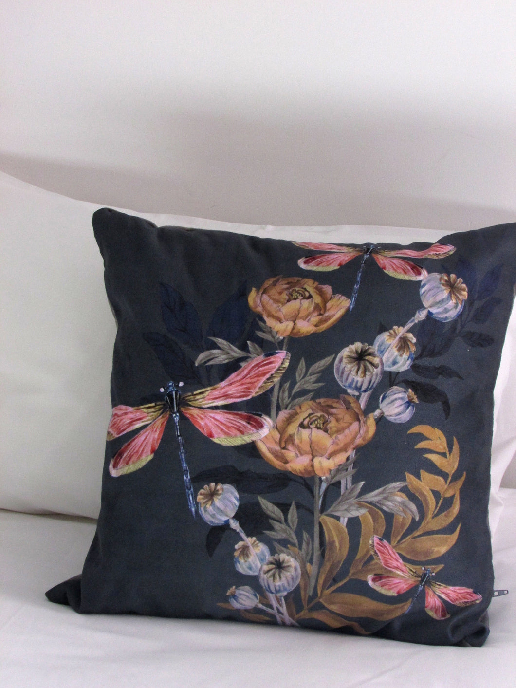 Indigo blue 'Dragonfly' Cushion with pink dragonflies and poppy seed heads