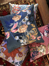 Load image into Gallery viewer, Indigo blue &#39;Dragonfly&#39; Cushion with poppy seed heads, made from Vegan Suede