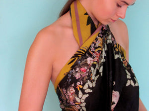 Floral Silk Scarf "Cardiac Silk" black large scarf with orchid and butterfly design