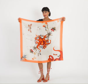Orange Silk Scarf 'Oracle Silk' is Hand-painted, square Silk Scarf from the Evolution Collection by Alice Acreman silks