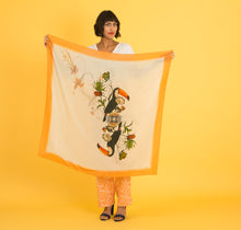 Load image into Gallery viewer, Square silk scarf with orange boarder &#39;Toucan Silk&#39;