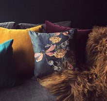 Load image into Gallery viewer, Indigo blue &#39;Dragonfly&#39; Cushion with poppy seed heads, made from Vegan Suede