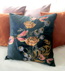 Indigo blue 'Dragonfly' Cushion with poppy seed heads, made from Vegan Suede