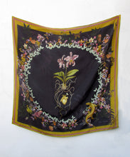 Load image into Gallery viewer, Floral Silk Scarf &quot;Cardiac Silk&quot; black large scarf with orchid and butterfly design