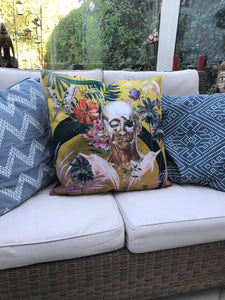Large Yellow Cushion with striking Watercolour skull design 'Boto Cushion' in Vegan friendly Suede