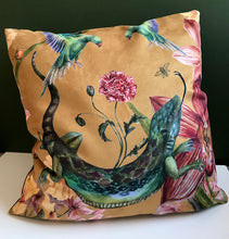 Load image into Gallery viewer, Large Yellow Cushion &#39;Reptila&#39; with watercolour lizard design in Vegan friendly Suede