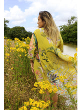 Load image into Gallery viewer, Yellow &#39;Enticement&#39; Silk Kimono Jacket size L/XL handmade and unique illustrations- luxury lounging or evening wear