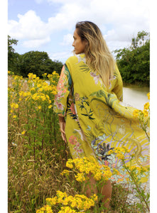 Yellow 'Enticement' Silk Kimono Jacket size L/XL handmade and unique illustrations- luxury lounging or evening wear