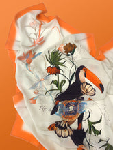 Load image into Gallery viewer, Square silk scarf with orange boarder &#39;Toucan Silk&#39;