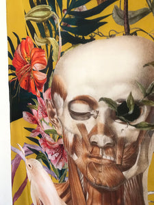 Yellow tropical print Scarf with floral skull design  "Boto Silk" long Silk scarf in rectangular shape