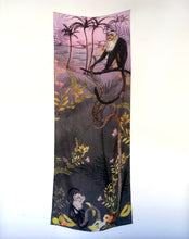 Load image into Gallery viewer, Lilac Silk Scarf with monkey illustration  &quot;Capuchin Silk&quot; Hand-painted, long Silk scarf from the Enticement Collection