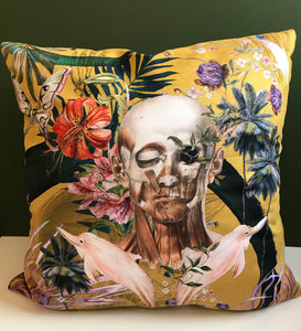 Large Yellow Cushion with striking Watercolour skull design 'Boto Cushion' in Vegan friendly Suede