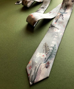 Sage Green Silk Tie, 'Mirage' Men's Luxury Tie in Sage Green with Scorpion illustration by Alice Acreman silks