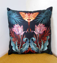 Load image into Gallery viewer, Vegan Suede Cushion &#39;Flutter&#39; in Indigo  with tulip and Moon Moth illustration