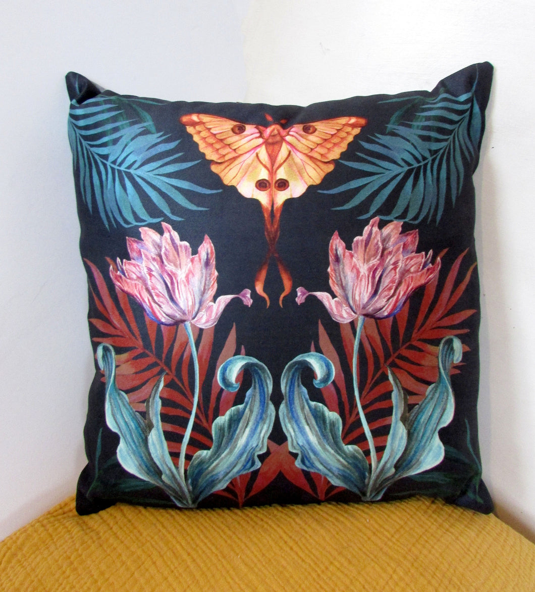 Vegan Suede Cushion 'Flutter' in Indigo  with tulip and Moon Moth illustration