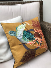 Load image into Gallery viewer, Golden Yellow cushion &#39;Glide&#39; Vegan friendly Suede cushion with watercolour turtle design