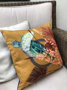 Golden Yellow cushion 'Glide' Vegan friendly Suede cushion with watercolour turtle design