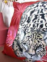 Load image into Gallery viewer, Orange Cushion with palm leaves and stalking leopard design &#39;Prowl&#39; Vegan Suede fabric