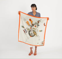Load image into Gallery viewer, Red  &#39;Algonquain Silk&#39; square Silk Scarf with vintage style botanical and insect illustrations