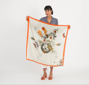 Red  'Algonquain Silk' square Silk Scarf with vintage style botanical and insect illustrations