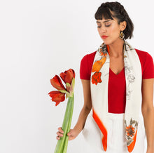 Load image into Gallery viewer, Red  &#39;Algonquain Silk&#39; square Silk Scarf with vintage style botanical and insect illustrations