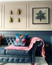 Load image into Gallery viewer, Vegan Suede Cushion &#39;Flutter&#39; in Indigo  with tulip and Moon Moth illustration