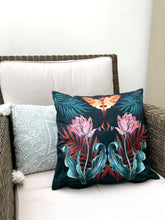 Load image into Gallery viewer, Vegan Suede Cushion &#39;Flutter&#39; in Indigo  with tulip and Moon Moth illustration