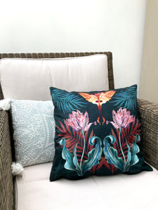 Vegan Suede Cushion 'Flutter' in Indigo  with tulip and Moon Moth illustration