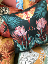 Load image into Gallery viewer, Vegan Suede Cushion &#39;Flutter&#39; in Indigo  with tulip and Moon Moth illustration