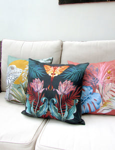 Vegan Suede Cushion 'Flutter' in Indigo  with tulip and Moon Moth illustration