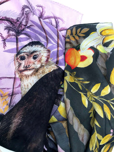 Lilac Silk Scarf with monkey illustration  "Capuchin Silk" Hand-painted, long Silk scarf from the Enticement Collection