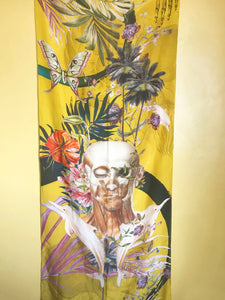 Yellow tropical print Scarf with floral skull design  "Boto Silk" long Silk scarf in rectangular shape