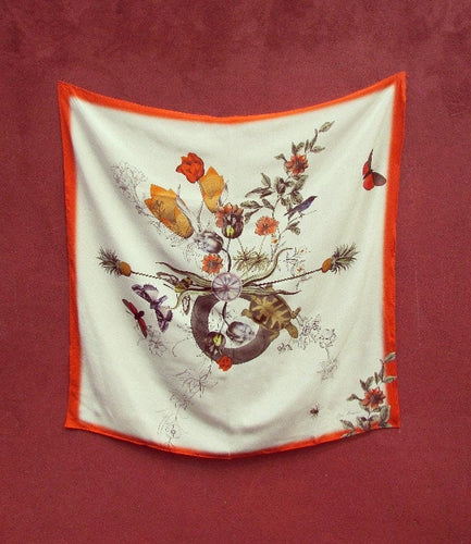 Red  'Algonquain Silk' square Silk Scarf with vintage style botanical and insect illustrations
