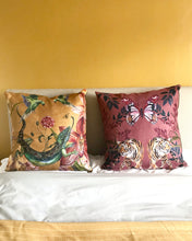 Load image into Gallery viewer, Large Yellow Cushion &#39;Reptila&#39; with watercolour lizard design in Vegan friendly Suede