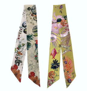 Cream 'Skinny' Silk scarf in the botanical  'Evolution' Print, delicate, lightweight Twilly style scarf accessory
