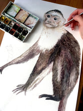 Load image into Gallery viewer, Lilac Vegan Suede Cushion with Capuchin monkey illustration