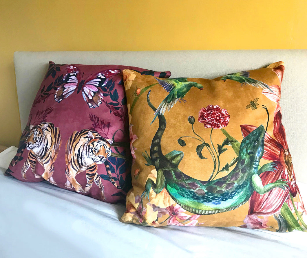 Large Yellow Cushion 'Reptila' with watercolour lizard design in Vegan friendly Suede
